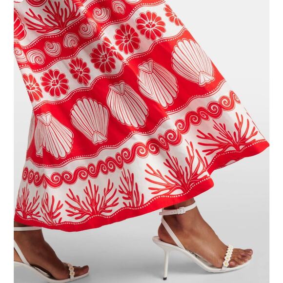 New! Farm Rio Ainika Red and White Shell Print Linen Maxi Skirt Sz M #14 - Picture 3 of 6